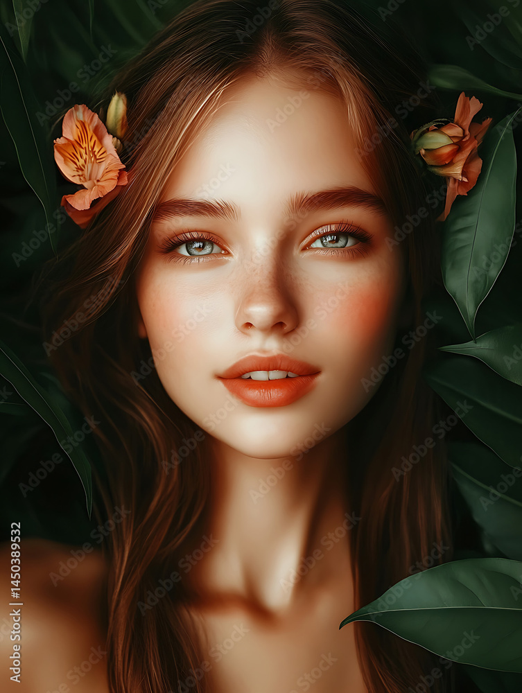 A young woman with flowers in her hair surrounded by lush green foliage gazes directly at the viewer.