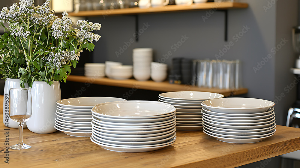 Stacks of plates arranged on a wooden countertop alongside white vases with flowers set against a blurred background of shelves and glassware. Stacks of plates arranged on a wooden countertop alongside white vases with flowers set against a blurred background of shelves and glassware.
