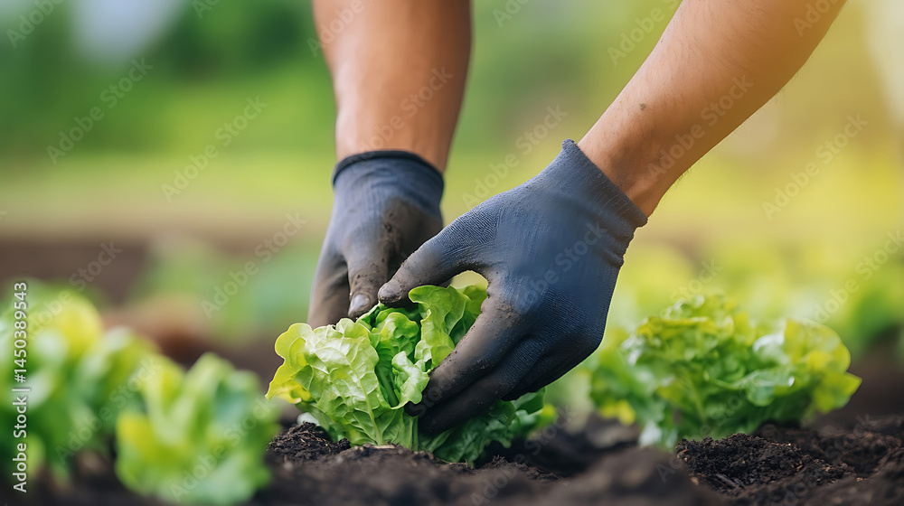 Hands in gloves gently tending to fresh green lettuce plants growing in rich dark soil under the warm sunlight.