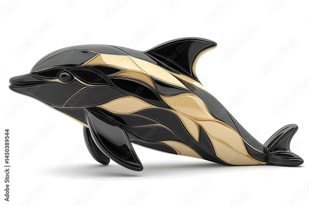 Sleek black and gold dolphin figurine with a mosaic-like pattern captured in a studio setting against a white background.