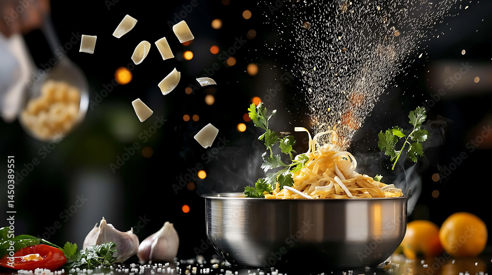 Chef preparing Asian noodles with vegetables adding spices and other toppings over a dark background with bokeh lights.
