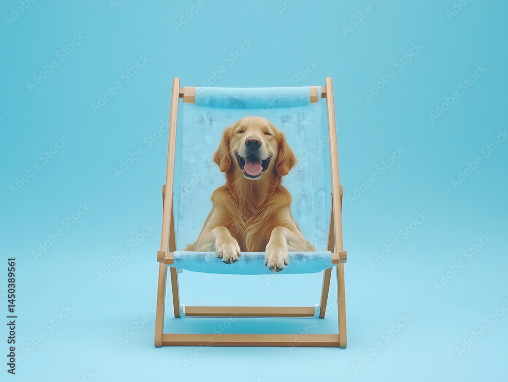 Golden Retriever sits joyfully in a light blue beach chair against a solid light blue background expressing pure happiness.