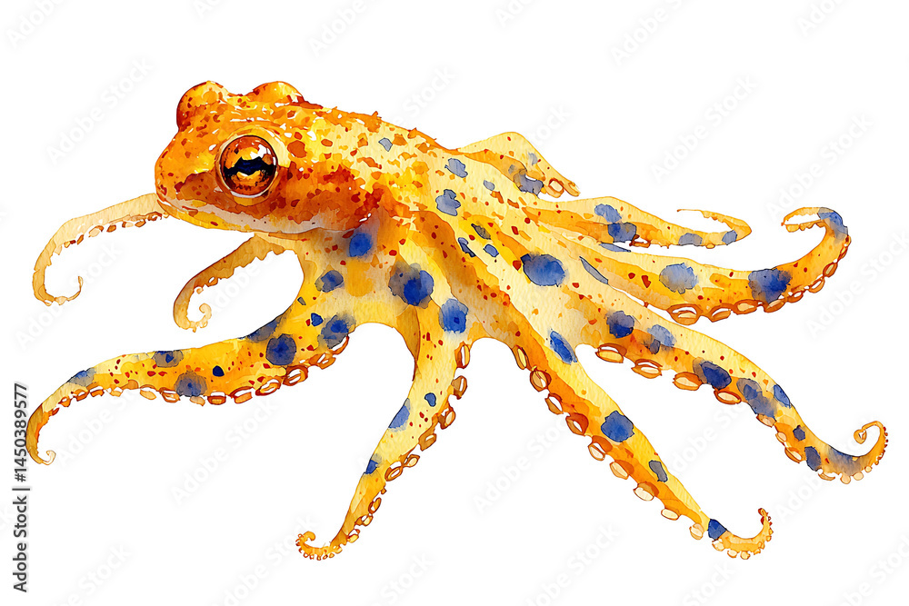 Watercolor painting of a yellow octopus with vibrant blue spots tentacles gracefully curving against a white background.