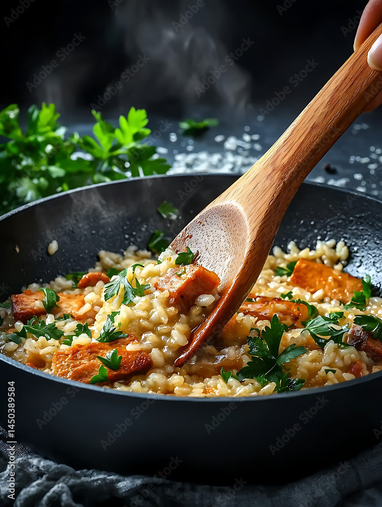 Steaming risotto with tofu and parsley being stirred in a dark pan with a wooden spoon.