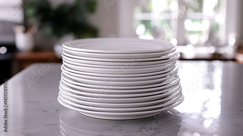 Obraz na płótnie Stacked white plates on a marble surface soft focus background with a bright window and hints of a kitchen setting. w salonie