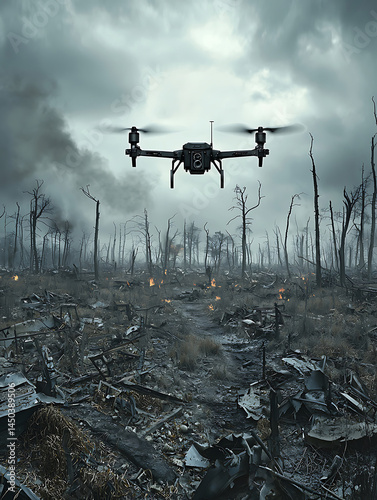 Obraz na płótnie A drone flies over a desolate landscape marked by charred trees and destruction under a gloomy overcast sky. w salonie