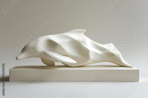 Obraz na płótnie Geometric-faceted cream-colored dolphin sculpture resting on a rectangular base against a plain bright background showcasing minimalist art. w salonie