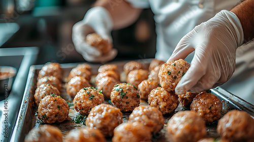 Obraz na płótnie Chef wearing gloves carefully places freshly made herb-speckled meatballs onto a baking sheet preparing them for cooking. w salonie