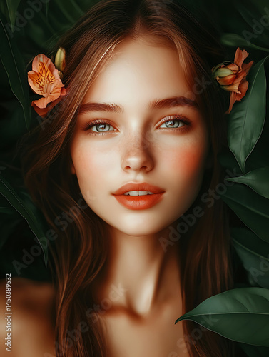 Obraz na płótnie A young woman with flowers in her hair surrounded by lush green foliage gazes directly at the viewer. w salonie