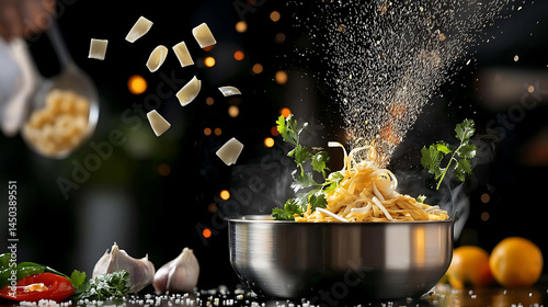 Obraz na płótnie Chef preparing Asian noodles with vegetables adding spices and other toppings over a dark background with bokeh lights. w salonie