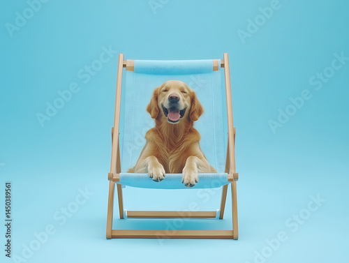Obraz na płótnie Golden Retriever sits joyfully in a light blue beach chair against a solid light blue background expressing pure happiness. w salonie