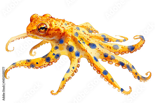 Obraz na płótnie Watercolor painting of a yellow octopus with vibrant blue spots tentacles gracefully curving against a white background. w salonie