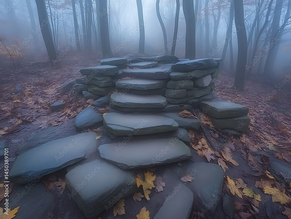 Stone steps rise into a mysterious foggy forest surrounded by fallen leaves and bare trees.