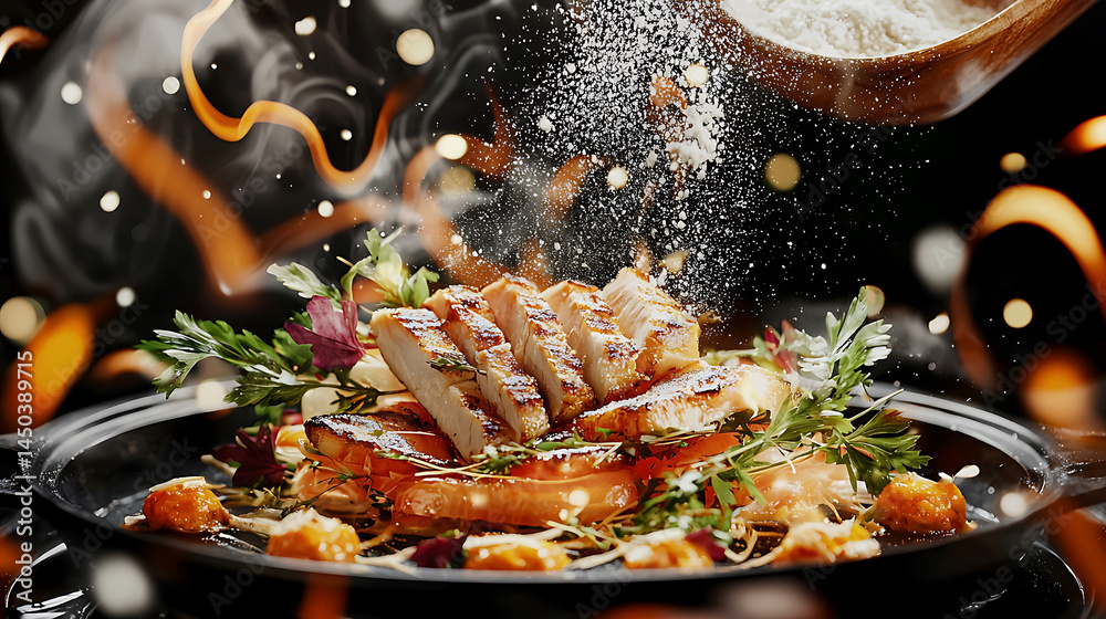 Grilled chicken fresh greens and a flourish of flour create a culinary masterpiece in a warm inviting glow.