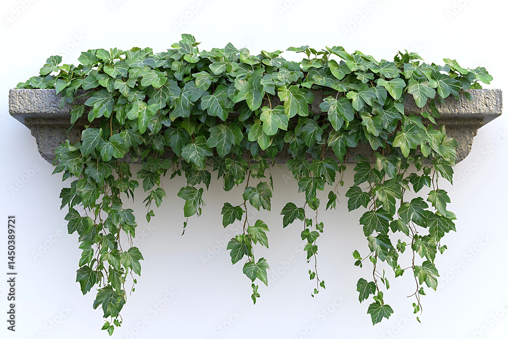 Lush green ivy spills from a stone planter box against a bright white wall creating a natural cascading effect.
