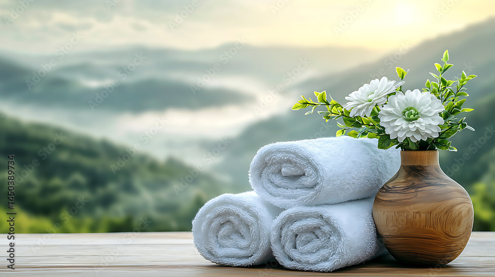 Fresh towels and flowers adorn a wooden surface set against a serene backdrop of mountains and a rising sun.