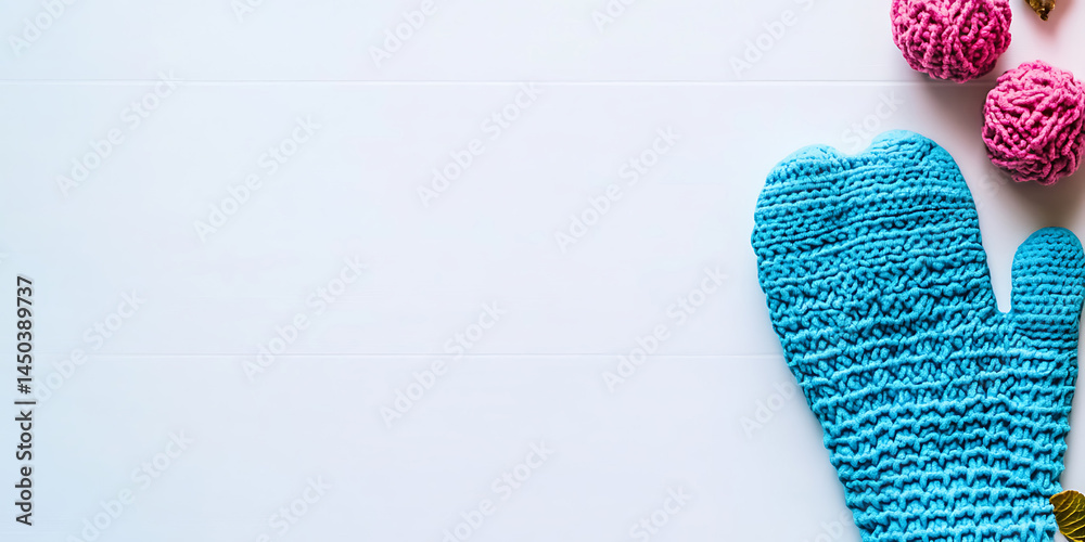 A flat lay showcases a blue crocheted oven mitt alongside pink yarn balls on a clean white surface.