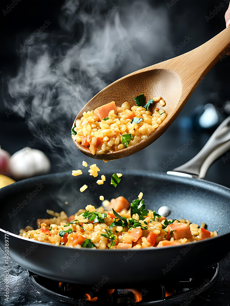 Steaming fried rice with vegetables and meat being lifted from a pan with a wooden spoon.