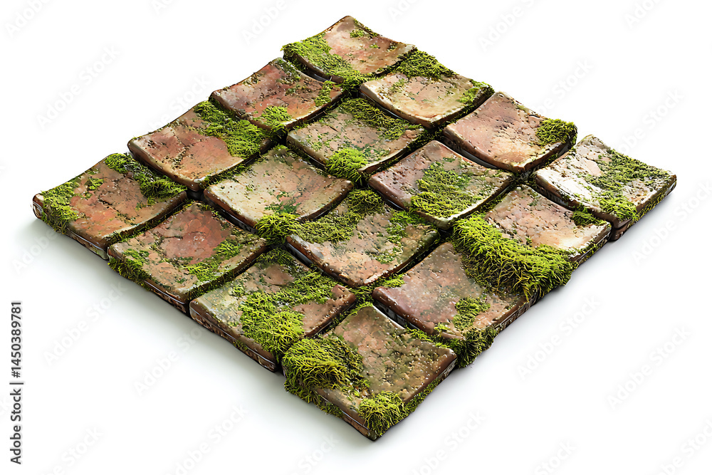 Scales of reddish-brown tiles with moss arranged in a diamond shape against a bright white background.