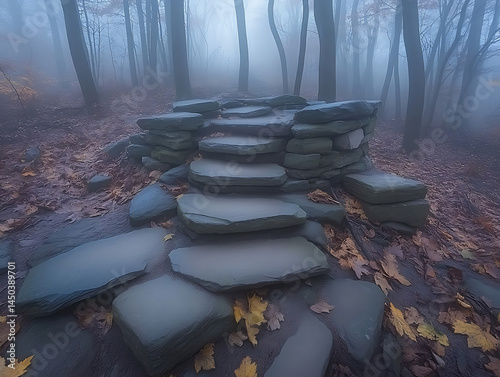 Obraz na płótnie Stone steps rise into a mysterious foggy forest surrounded by fallen leaves and bare trees. w salonie