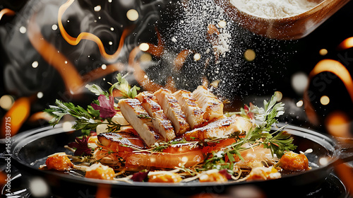 Obraz na płótnie Grilled chicken fresh greens and a flourish of flour create a culinary masterpiece in a warm inviting glow. w salonie