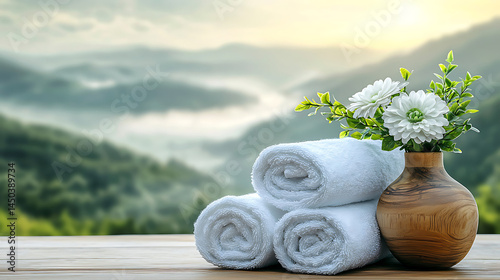 Obraz na płótnie Fresh towels and flowers adorn a wooden surface set against a serene backdrop of mountains and a rising sun. w salonie