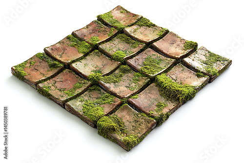 Obraz na płótnie Scales of reddish-brown tiles with moss arranged in a diamond shape against a bright white background. w salonie