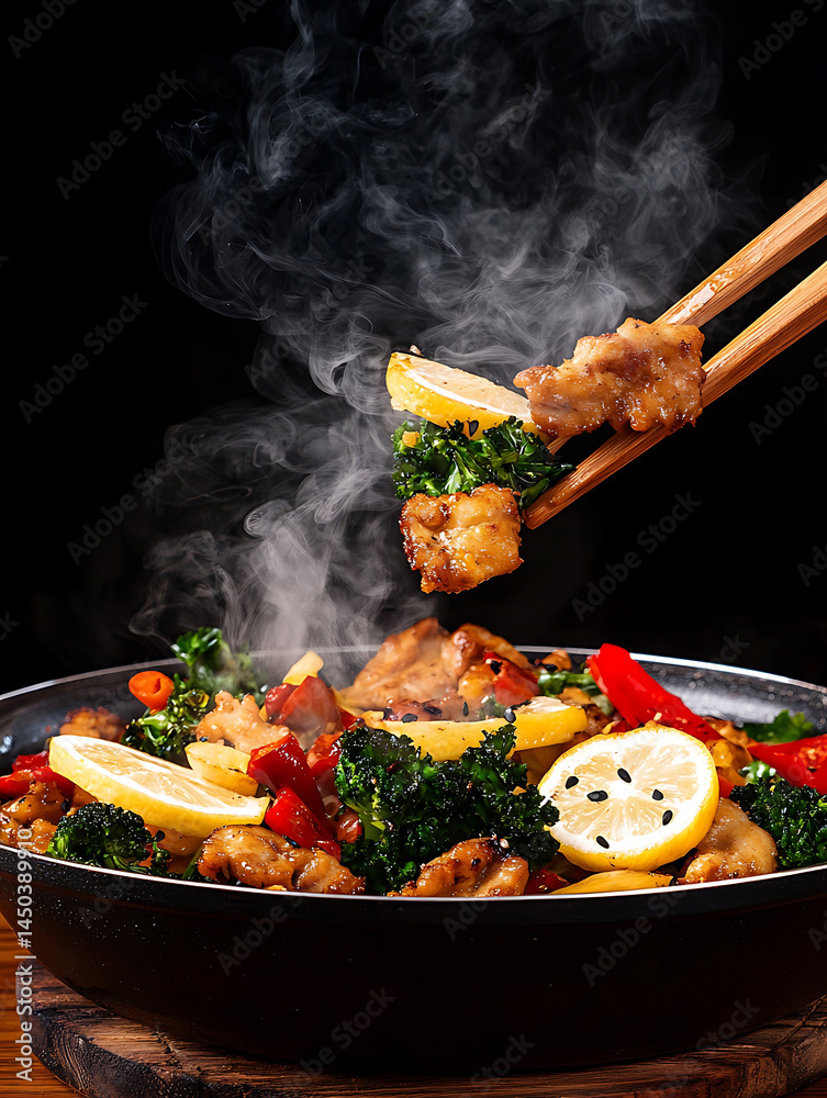 Steaming wok dish: a colorful mix of stir-fried chicken vegetables and lemon slices lifted with chopsticks against a dark background.