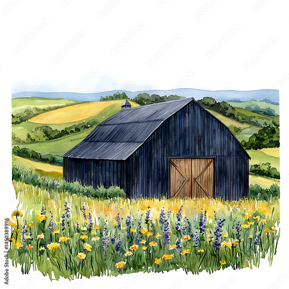 Watercolor painting depicting a black barn with wooden doors in a grassy field rolling hills in the background.