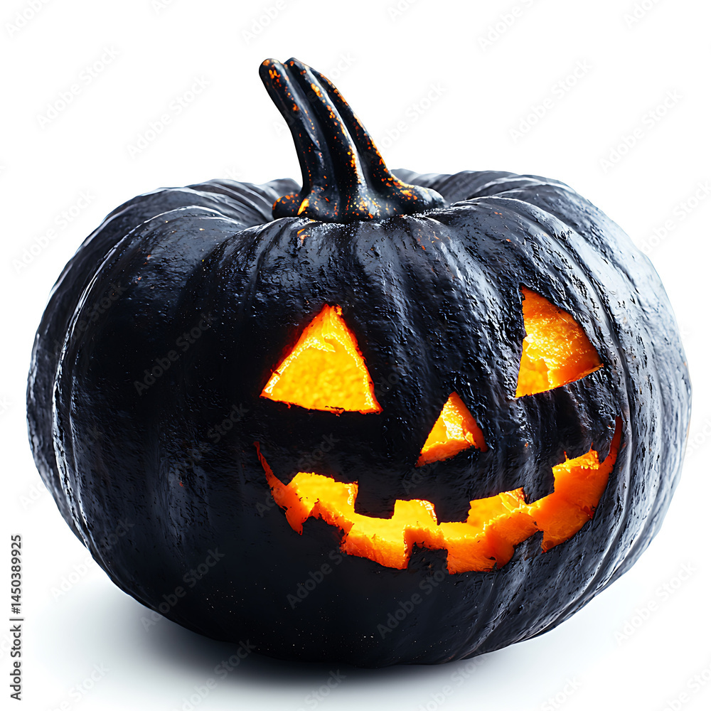 A shiny black pumpkin with carved facial features glows brightly a classic Halloween jack-o'-lantern against a white background.