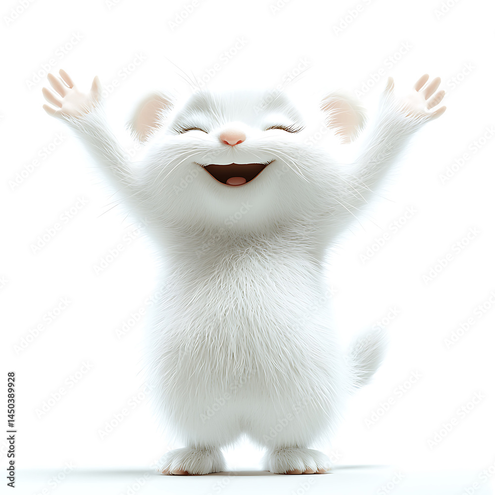 Smiling fluffy white cartoon creature with arms raised wide in cheerful joyful celebration against a clean bright background.