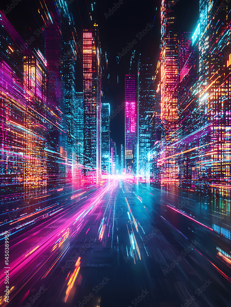 Neon streaks illuminate a futuristic cityscape blurring the lines of architecture with vibrant energetic light.