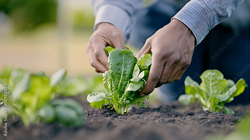 Hands carefully tending to young lettuce plants in a garden showing delicate care for home-grown food.