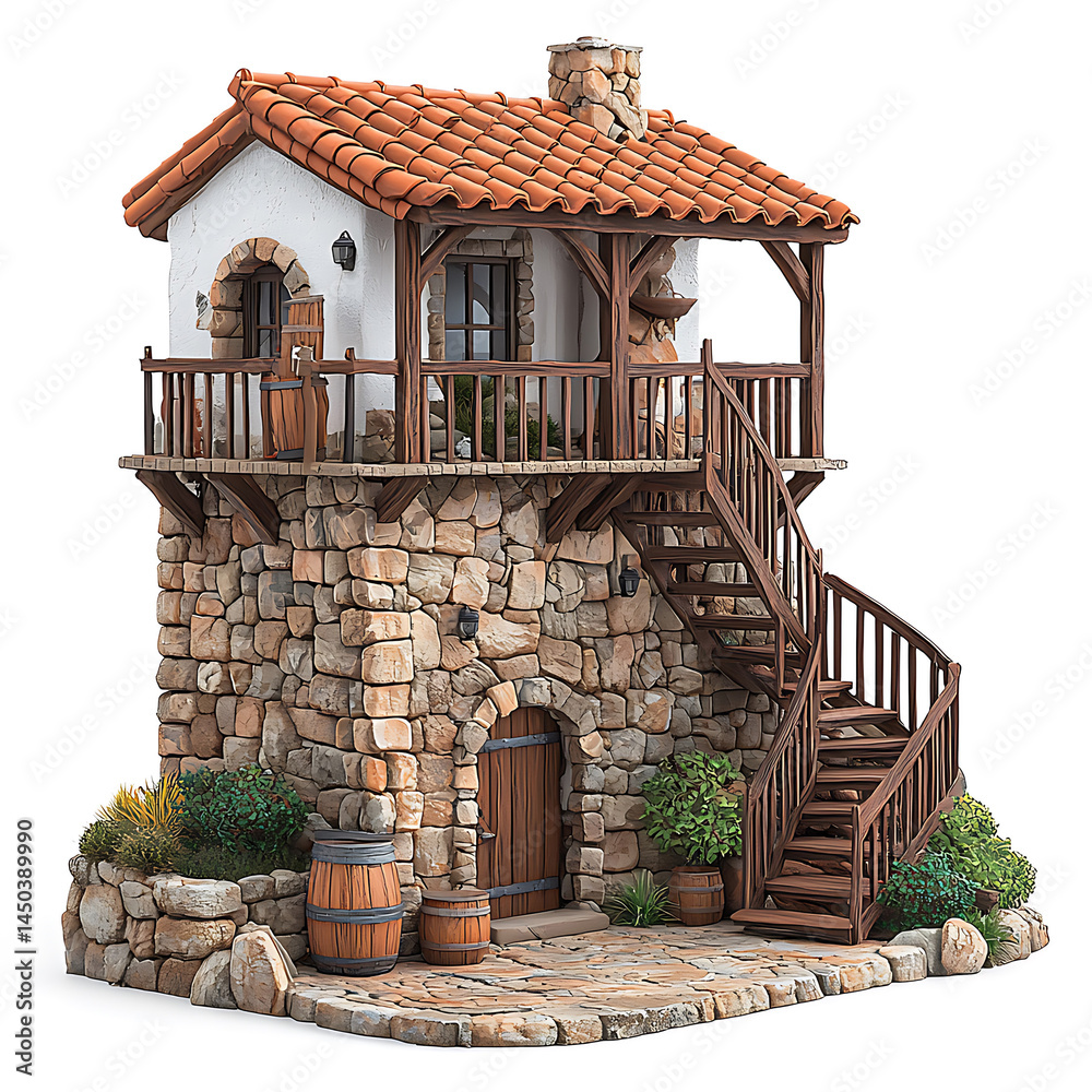 Miniature two-story cottage with stone base balcony and wooden staircase a charming architectural model.