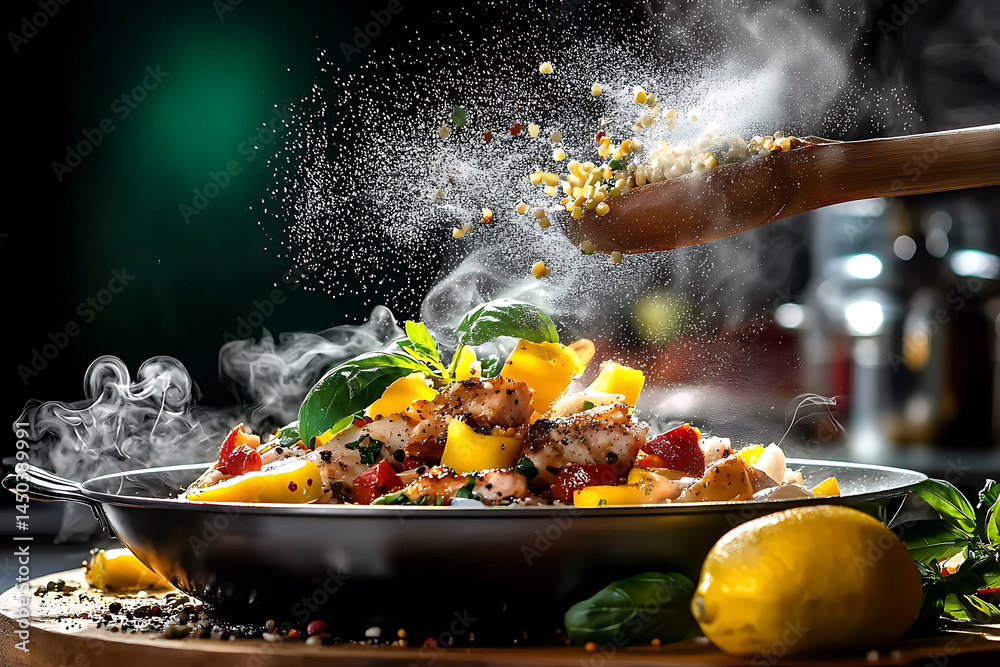 Steaming stir-fry with chicken peppers and herbs is seasoned with a wooden spoon creating a dynamic culinary moment.
