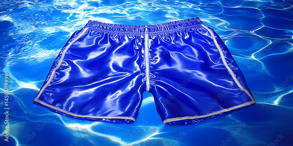 Royal blue athletic shorts with white trim set against a backdrop of shimmering blue water reflections.
