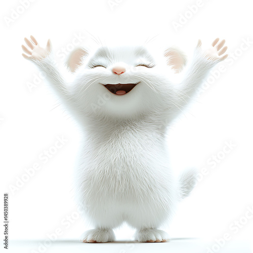 Obraz na płótnie Smiling fluffy white cartoon creature with arms raised wide in cheerful joyful celebration against a clean bright background. w salonie