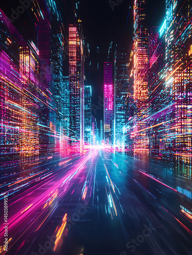 Obraz na płótnie Neon streaks illuminate a futuristic cityscape blurring the lines of architecture with vibrant energetic light. w salonie
