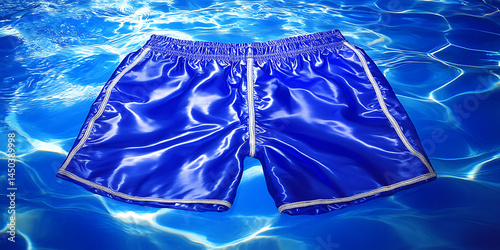 Obraz na płótnie Royal blue athletic shorts with white trim set against a backdrop of shimmering blue water reflections. w salonie
