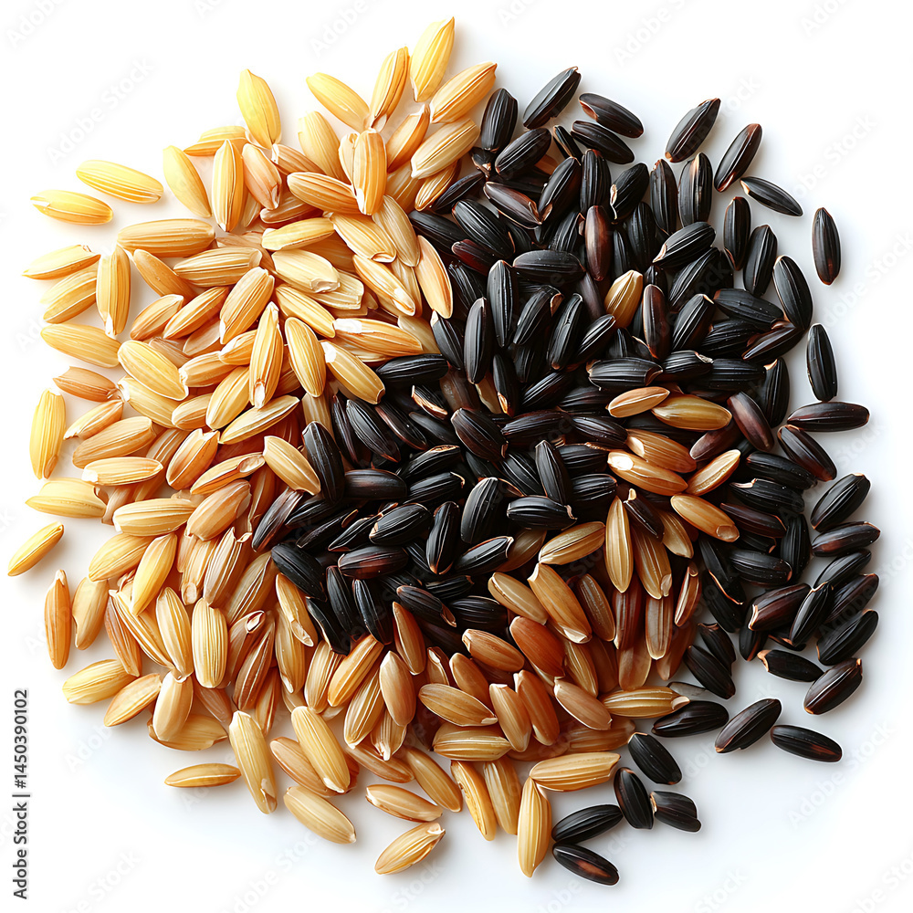 A top-down view of a pile of golden and black rice grains forming a distinct yin-yang-like pattern.