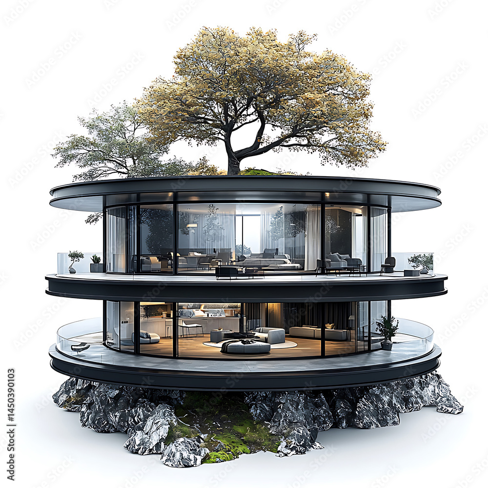 Two-story cylindrical home with floor-to-ceiling windows and a roof garden featuring trees set on a rocky base.