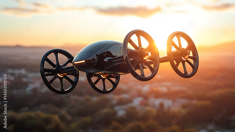 Futuristic flying machine with large circular rotors soars through the air at sunset blurring the landscape below.