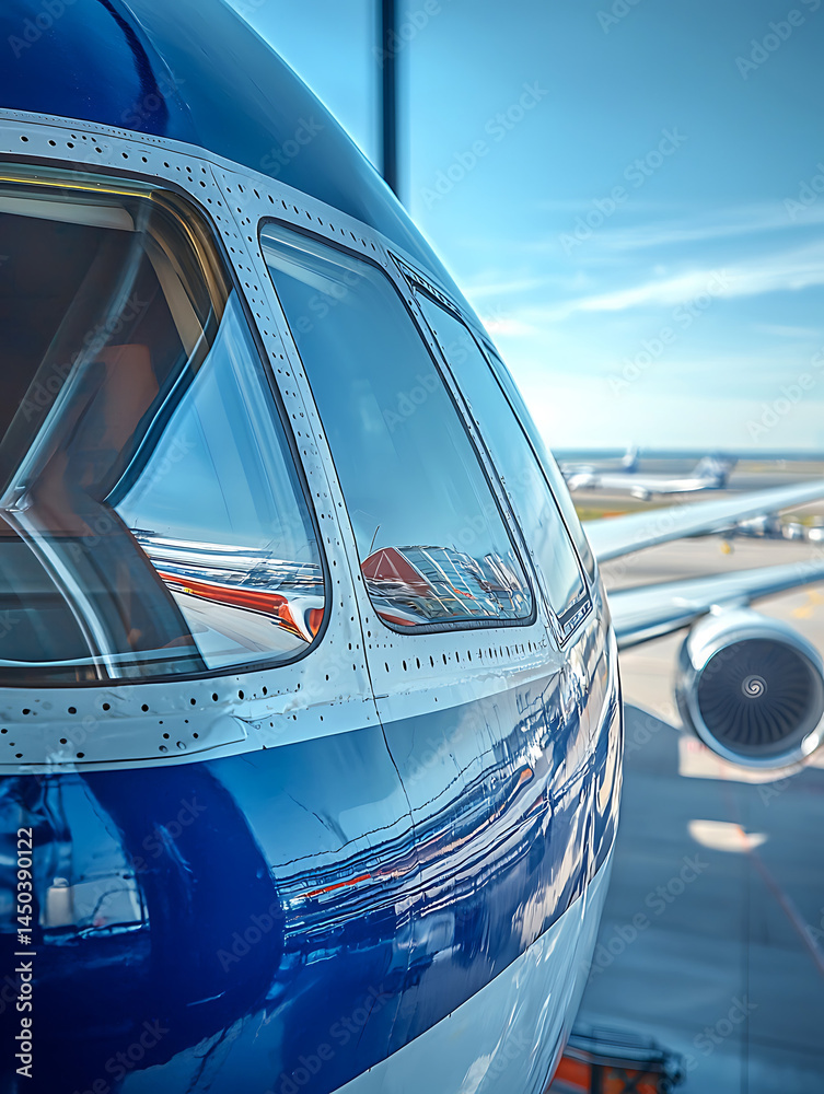 Close-up view of an aircraft's blue fuselage and windows parked near a terminal with other planes under a bright sky.