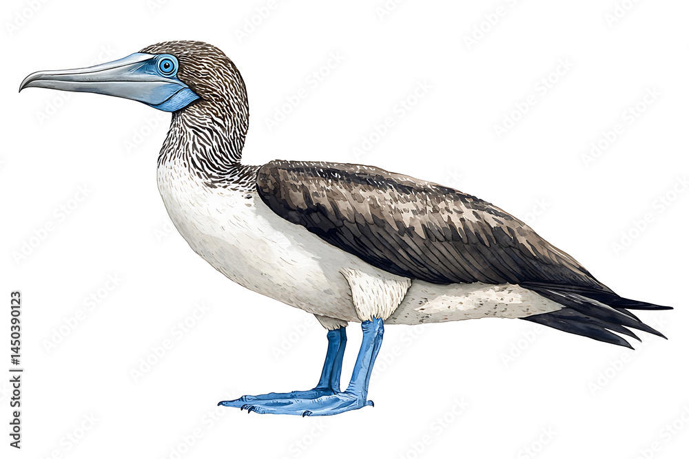 Illustration of a Blue-Footed Booby showcasing its distinctive bright blue feet and mottled brown and white plumage isolated on white.