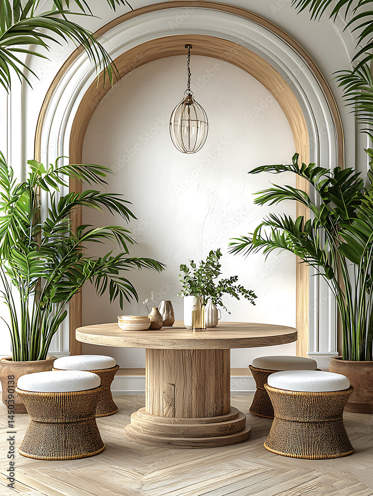 Round wooden table surrounded by woven stools and lush potted plants against an arched backdrop.