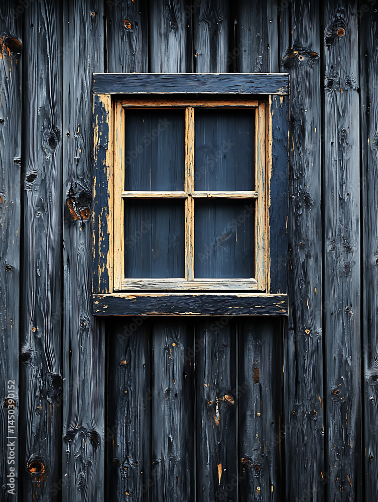 Weathered wooden wall with a small multi-paned window showing textures and the passage of time.