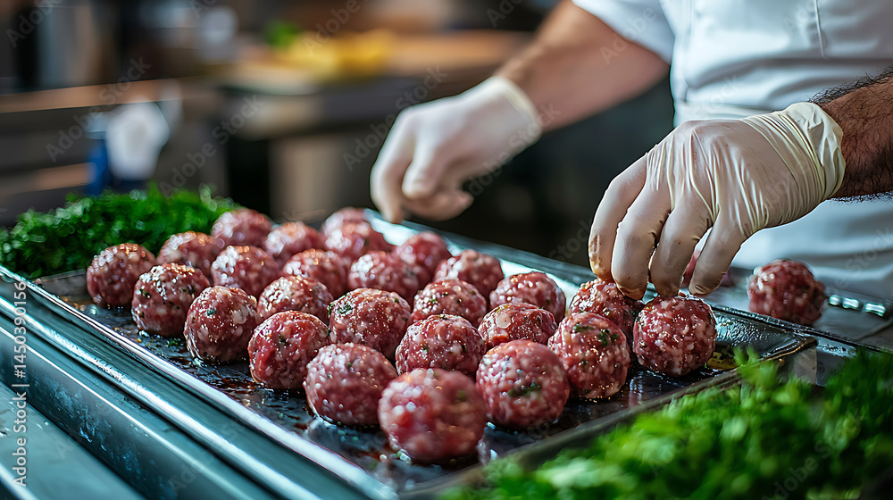 Chef in gloves meticulously arranges raw meatballs on a tray surrounded by fresh herbs in a professional kitchen.