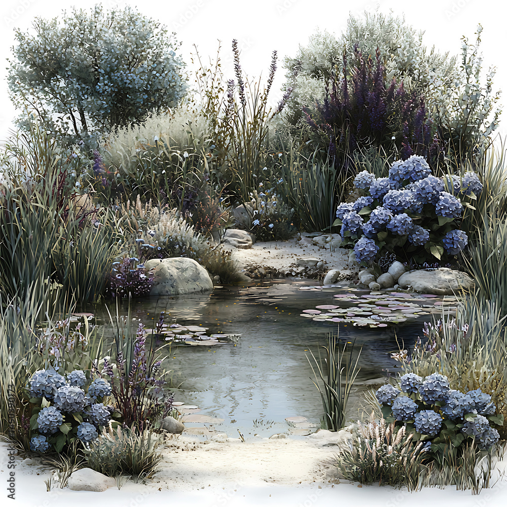 Serene garden scene with a pond lush greenery vibrant blue hydrangeas and carefully placed rocks in a tranquil setting.
