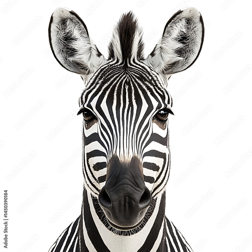 A striking zebra headshot features its iconic black and white stripes large ears and focused gaze all against a clean white backdrop.