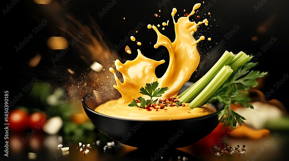 Vibrant cheese sauce explosion with fresh celery parsley and spices spilling out of a black bowl set on dark background.